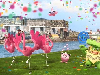 Pokémon Go Rally advertising Ein bunte Kollage mit Pokémons auf einer Wiese. Im Hintergrund ist die Skyline von Köln zu sehen.A colorful collage with Pokémons on a meadow. The Cologne skyline can be seen in the background.