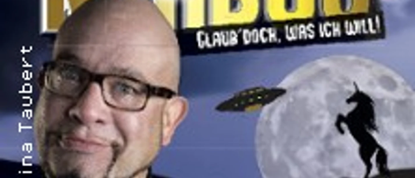 Plakat mit Mann vor Mond, gelbem Nimbus-Titel und fliegenden Objekten am Nachthimmel