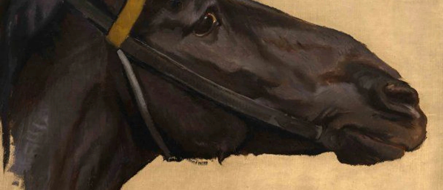 Gemälde eines dunkelbraunen Pferdekopfes.