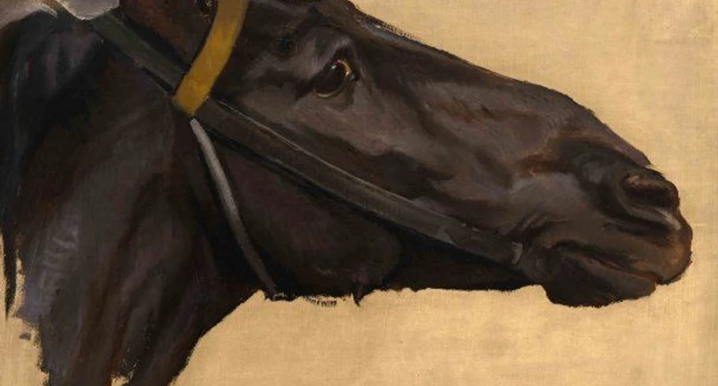 Gemälde eines dunkelbraunen Pferdekopfes.