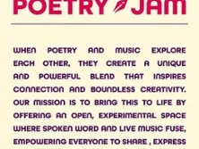 Plakat mit Poetry Jam Schriftzug und Text über Verbindung von Musik und Poesie