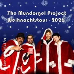 Vier Personen in Santa-Mänteln vor blauem Hintergrund mit Schneeflocken und Tourtitel.