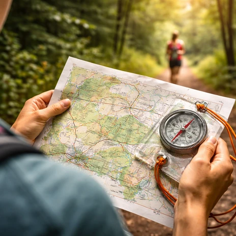 Orientierung im Wald.png Karte und Kompass beim Orientierungslauf