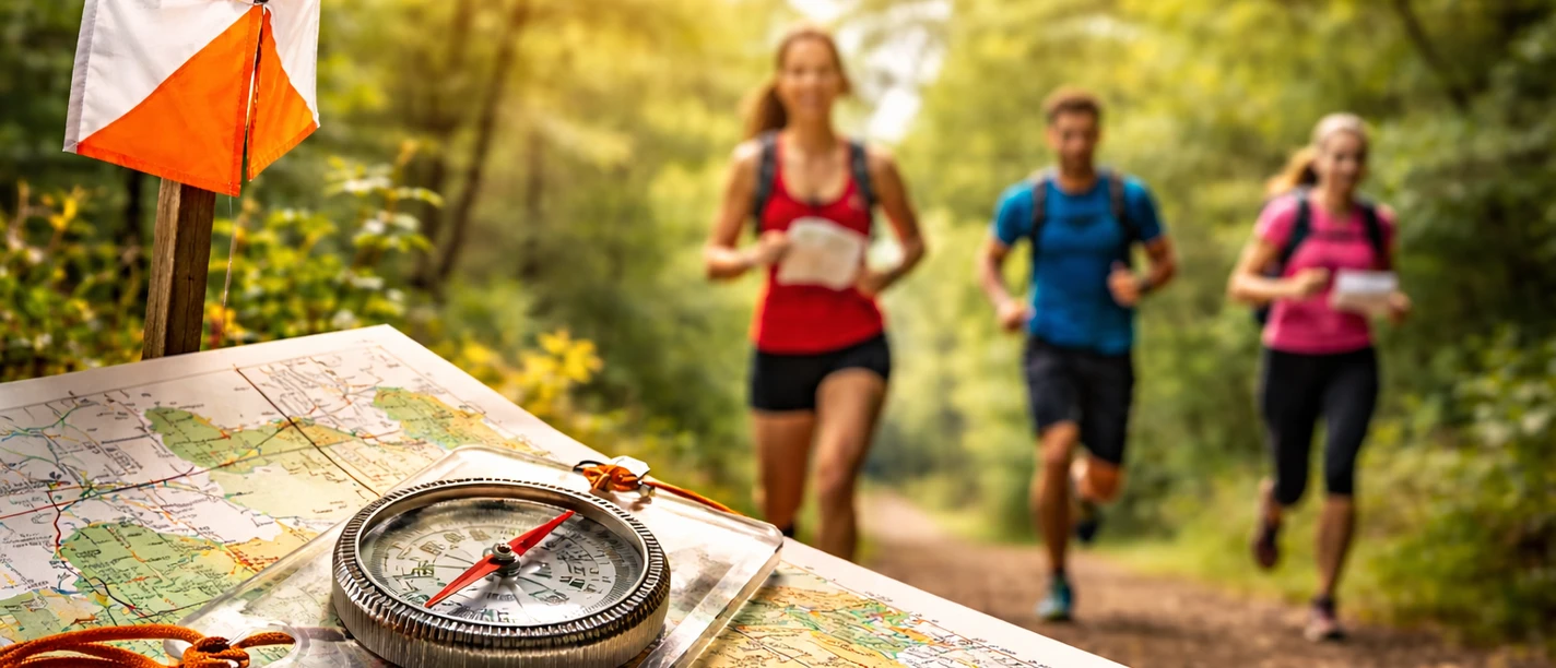 Waldlauf.png Orientierungslauf mit Karte und Kompass im Wald