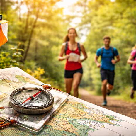 Waldlauf.png Orientierungslauf mit Karte und Kompass im Wald