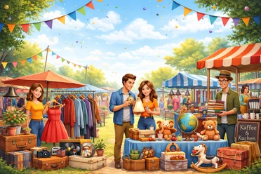 Flohmarkt KI generiert Bunte Marktstände unter blauem Himmel mit fröhlichen Menschen, Trödel, Kleidung und Kaffee.