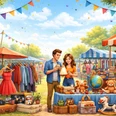 Flohmarkt KI generiert Bunte Marktstände unter blauem Himmel mit fröhlichen Menschen, Trödel, Kleidung und Kaffee.