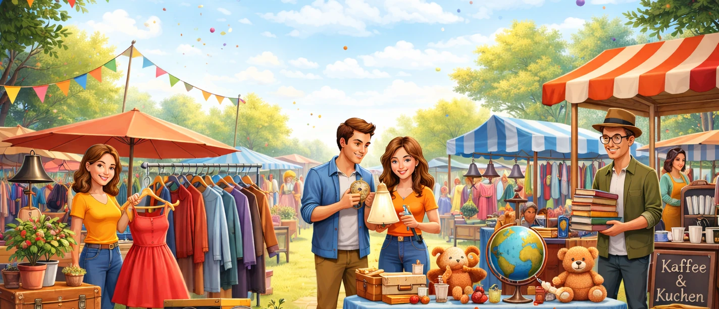 Flohmarkt KI generiert Bunte Marktstände unter blauem Himmel mit fröhlichen Menschen, Trödel, Kleidung und Kaffee.