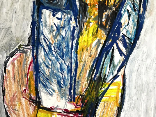 Max Hari, Frau mit zwei Fischen / bezüglich Beckmann, Oelkreide auf Papier