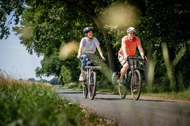 Radfahren im Grünen Twee fietsers rijden over een rustige landweg, omringd door bomen, weilanden en een zomers landschap.