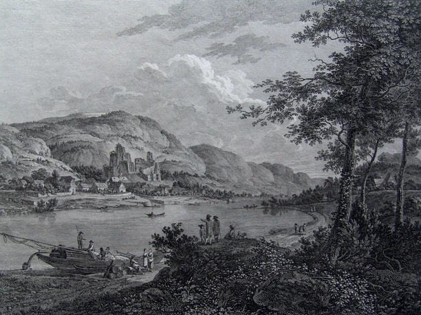 Kupferstich im Vordergrund Bäume und zwei Menschen im Mittelgrund die Elbe mit Boot, im Hintergrund ein Ort mit Burg und Bergen