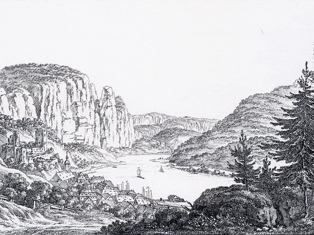 Kupferstich im Vordergrund rechts Bäume, links im Mittegrund Dorf Wehlen mit Ruine und Elbe, im Hintergrund Felsen der Sächsischen Schweiz-