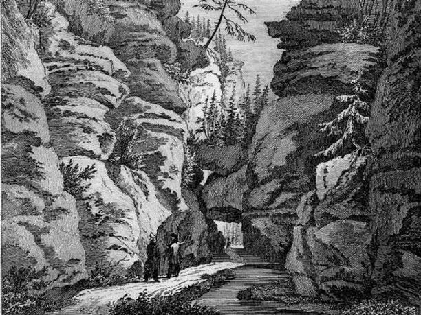 Uttewalder Felsentor, Stahlstich, 9,5 x 11cm, 1851 Links und recht Felsen in der Mitte ein Weg mit zwei Personen, der durch ein Felsentor führt