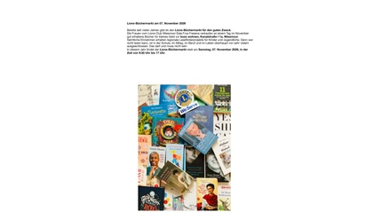 Bunte Auswahl an Büchern mit Lions-Logo und Schriftzug We Serve, Symbol eines wohltätigen Büchermarkts.