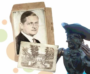 Historisches Porträt eines jungen Mannes, ergänzt durch alte Fotos und eine dunkle Bronzefigur.