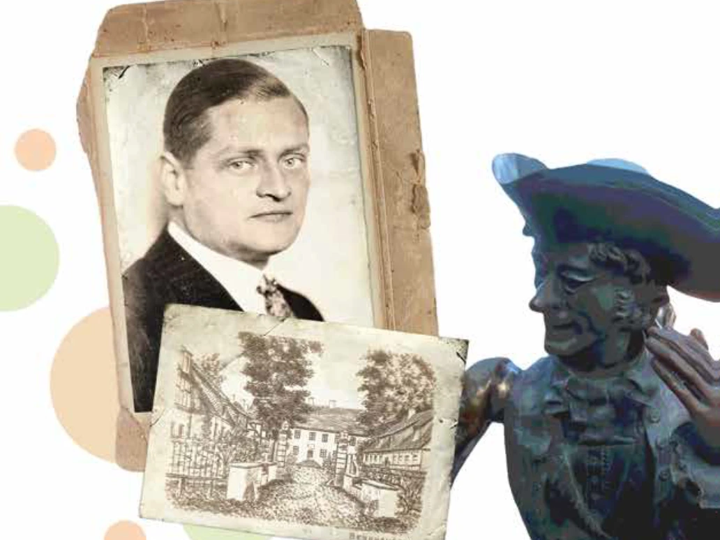 Alhard von dem Bussche Historisches Porträt eines jungen Mannes, ergänzt durch alte Fotos und eine dunkle Bronzefigur.