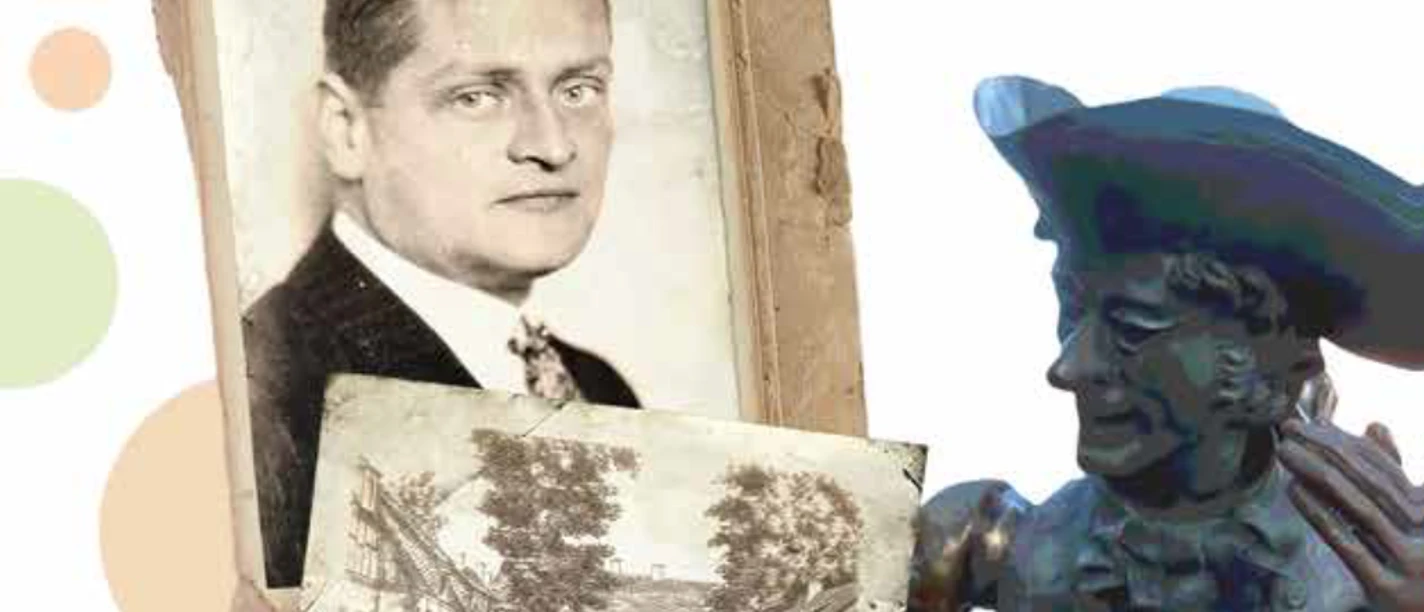 Alhard von dem Bussche Historisches Porträt eines jungen Mannes, ergänzt durch alte Fotos und eine dunkle Bronzefigur.