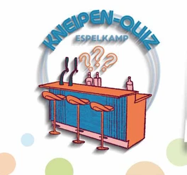 Das Espelkamp Quiz Illustration einer Bar mit Zapfhähnen, Barhockern und Fragezeichen, Schriftzug Kneipen-Quiz Espelkamp