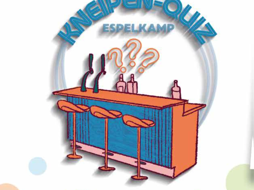 Das Espelkamp Quiz Illustration einer Bar mit Zapfhähnen, Barhockern und Fragezeichen, Schriftzug Kneipen-Quiz Espelkamp