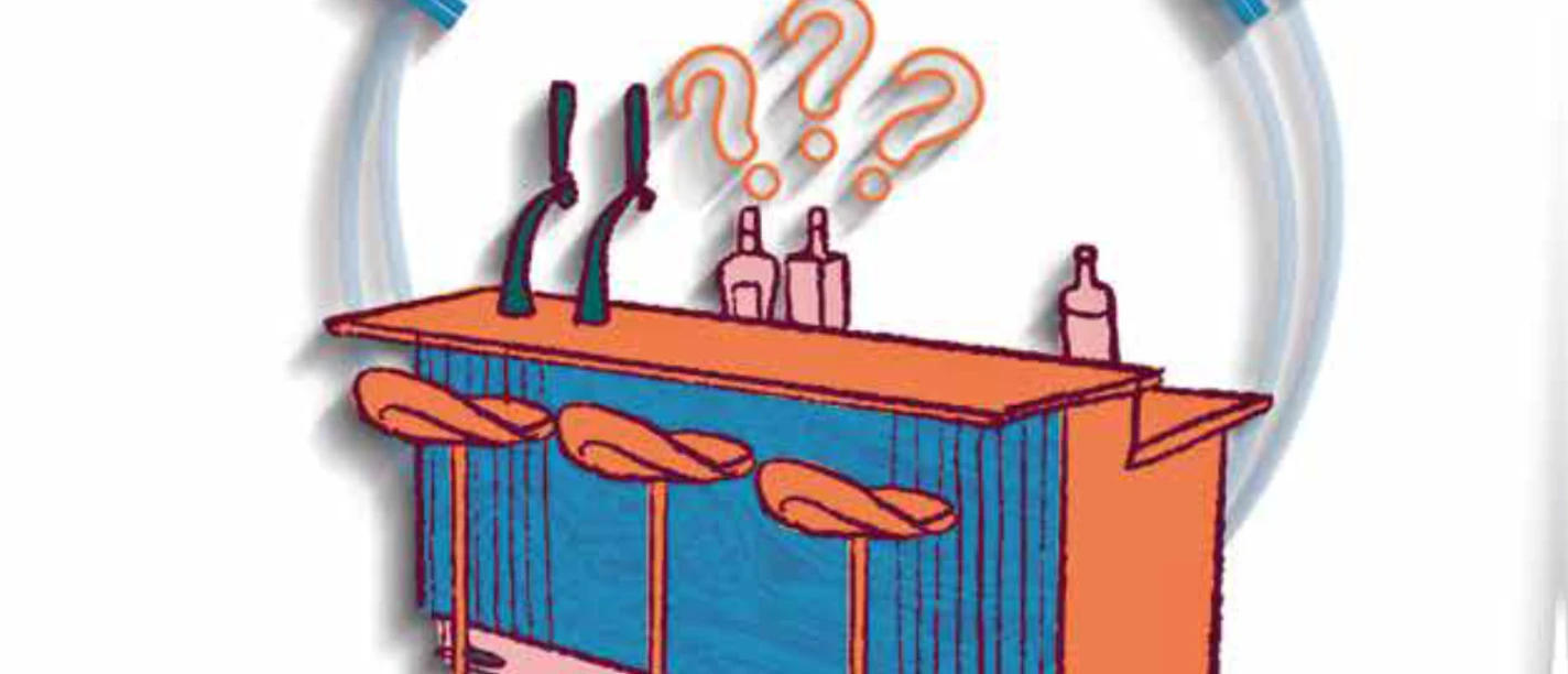 Das Espelkamp Quiz Illustration einer Bar mit Zapfhähnen, Barhockern und Fragezeichen, Schriftzug Kneipen-Quiz Espelkamp