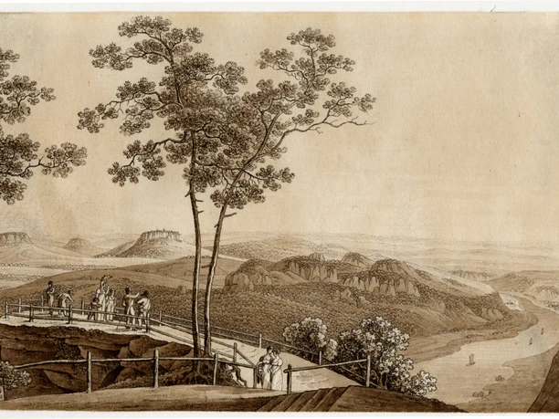 Basteiaussicht mit altem Holzgeländer, Ludwig Richter, sepia, 9x3 - 11x16 cm Historisches Bild mit Bäumen und Aussicht, im Hintergrund Felsen und Tafelberge sowie die Elbe