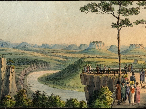 Basteiaussicht, Ludwig Richter, Kupferstich altkol., 9x 13-11x16 cm Vordergrund Aussicht mit Menschen, Mittegrund Elbe, Hintergrund Sächsische Schweiz Tafelberge