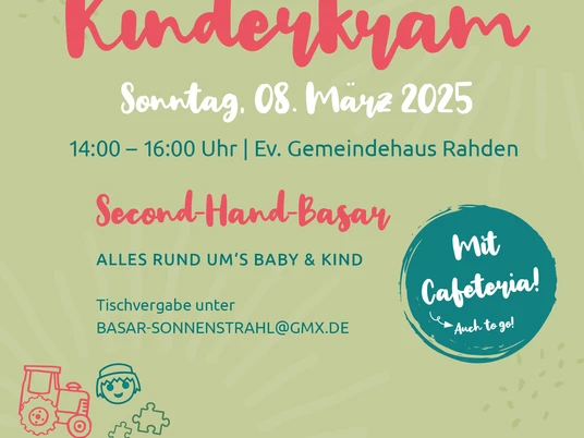 Second-Hand-Basar Kinderkram Plakat zum Second-Hand-Basar Kinderkram mit Termin 8. März 2025 und Spielzeugmotiven