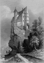 Burg Hohnstein, A.H. Payne, Stahlstich, 10 x 14 cm, um 1840 Burg auf einem Felsen, im Vordergrund Bäume