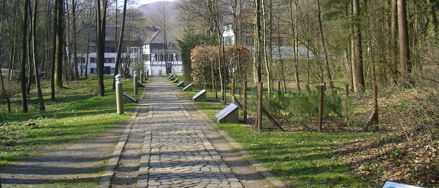 Pflanzenpfad Pflanzenpfad mit historischer Papiermühle und Bäumen in Bergisch Gladbach.