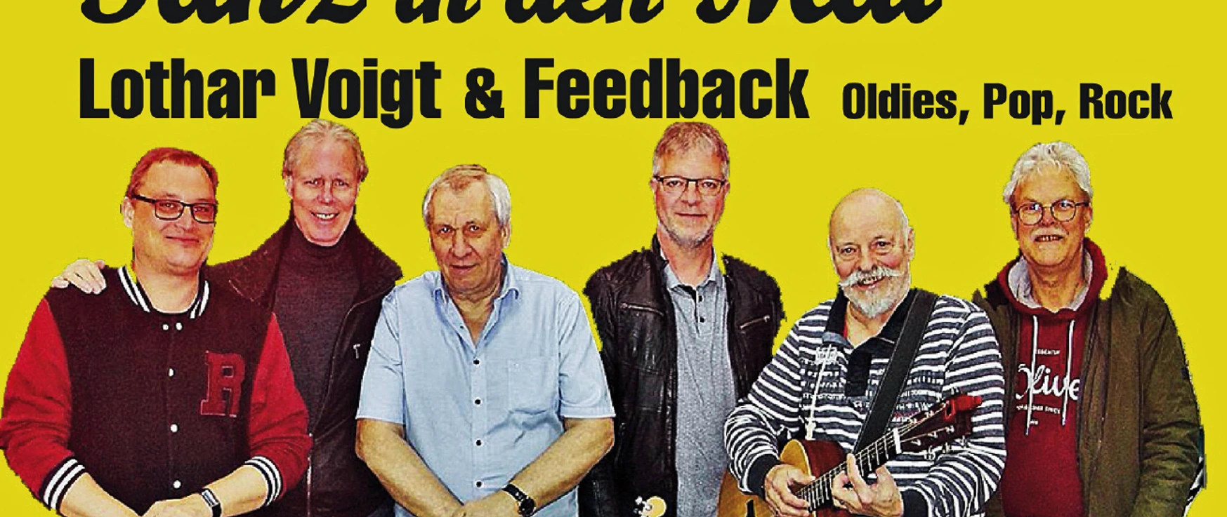 Tanz in den Mai 2026.jpg Sechs Musiker mit Instrumenten vor gelbem Hintergrund, Schriftzug „Tanz in den Mai“ und Bandname.