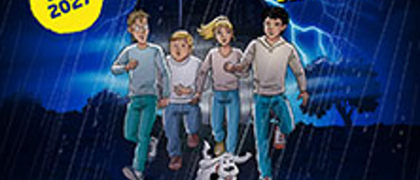 Poster mit TKKG-Gruppe im Regen vor dunklem Haus und Ensemble für das Live-Hörspiel 2027