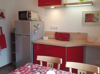 Kompakte Küche mit roten Schränken, Kühlschrank, Mikrowelle, Holzarbeitsplatte
