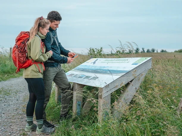 Sauerland-Hoehenflug bei Altena/Meinerzhagen Zwei Wandernde lesen eine Infotafel am Sauerland-Höhenflug in offener Wiesenlandschaft.