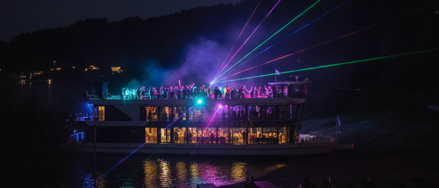 bunt beleuchtetes Schiff auf dem Hennesee im dunklen (Ki generiert)