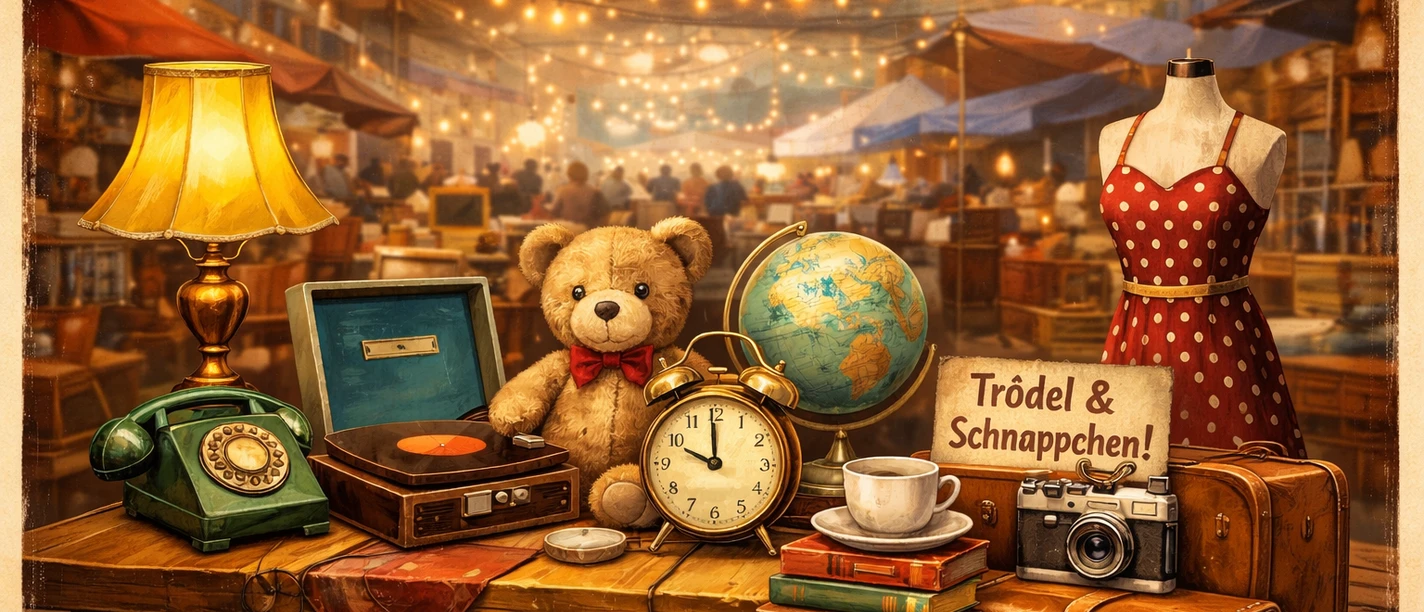 Indoor-Flohmarkt KI generiert Bunte Stände mit Lichterketten, antiken Fundstücken und fröhlichem Markttreiben in der Festhalle.