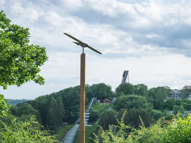 Holzmilan auf einem Pfosten am Wanderparkplatz, dahinter Wald und Skisprungschanze.