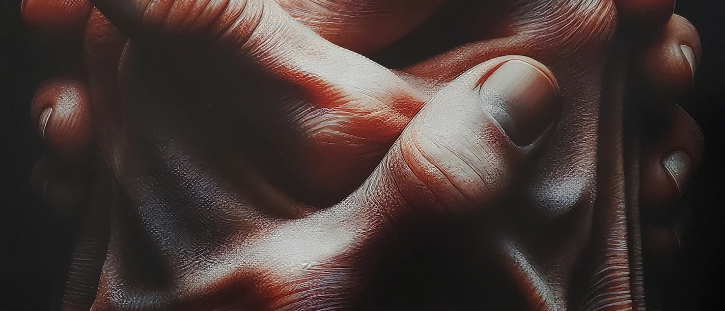 “human hands close up, interlaced fingers”