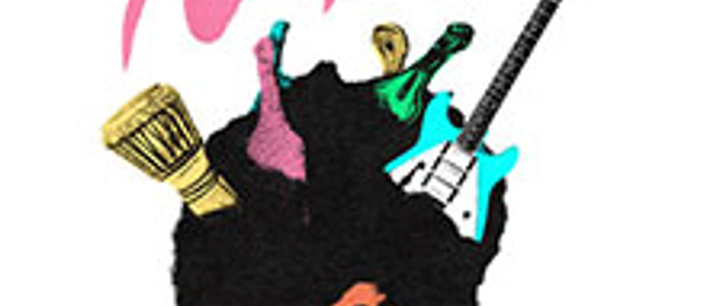 Buntes Tourposter mit stilisiertem Musikerkopf, aus dessen Afro Instrumente herausragen.