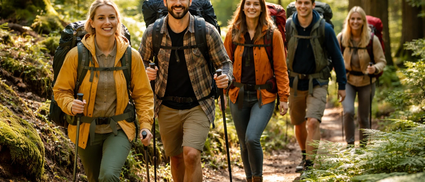 Fünf Personen wandern auf einem Waldweg, tragen Rucksäcke und haben Wanderstöcke.