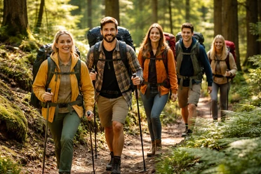 Wandergruppe (KI generiert) Fünf Personen wandern auf einem Waldweg, tragen Rucksäcke und haben Wanderstöcke.