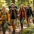 Wandergruppe (KI generiert) Fünf Personen wandern auf einem Waldweg, tragen Rucksäcke und haben Wanderstöcke.
