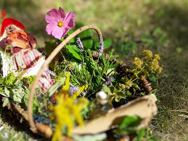 Kräuterkorb der Hexenführung in Celle Kräuterkorb mit Blüten und Figur bei der Hexenführung in Celle