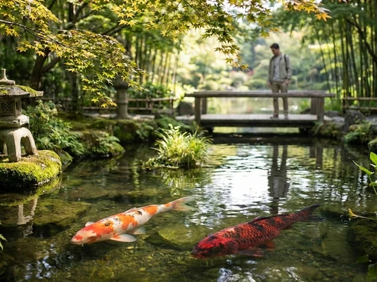 ruhige Szene mit Kois und asiatischer Anmutung - Mann im Hintergrund _cc0.png