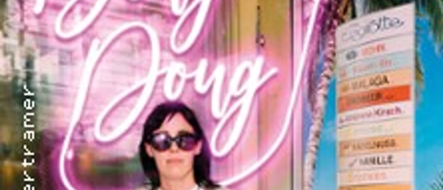 Person mit Sonnenbrille vor pinkem Neon-Schriftzug Ding Dong und farbigem Strandmotiv im Hintergrund