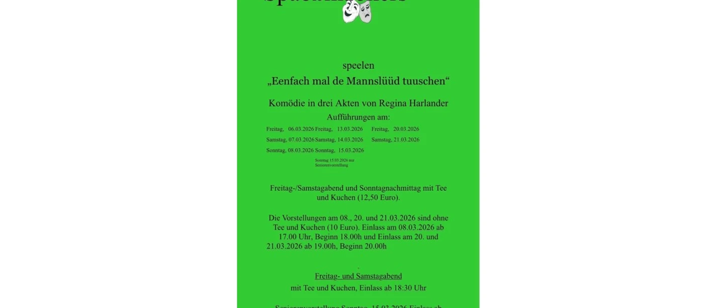 Fehnker Spaoßmaokers_2 (1920x1080).jpg Grünes Plakat der Theatergruppe Fehnker Spaoßmaokers mit Terminen zur Komödie „Eenfach mal de Mannslüüd tuuschen“.