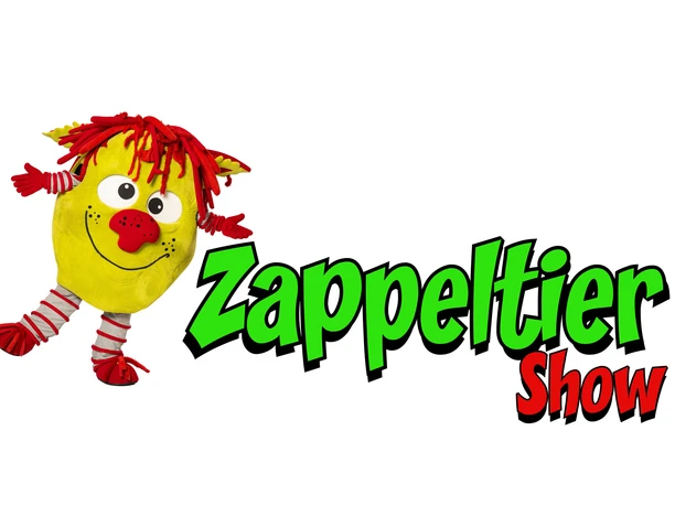 Die Zappeltier Show in Büsum Ein fröhliches gelbes Maskotchen mit roter Nase, roten Haaren neben der Aufschrift: Zappeltier Show