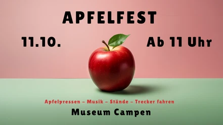 Apfelfest Grafik mit rotem Apfel und Text zum Apfelfest im Museum Campen mit Datum und Programmhinweisen.