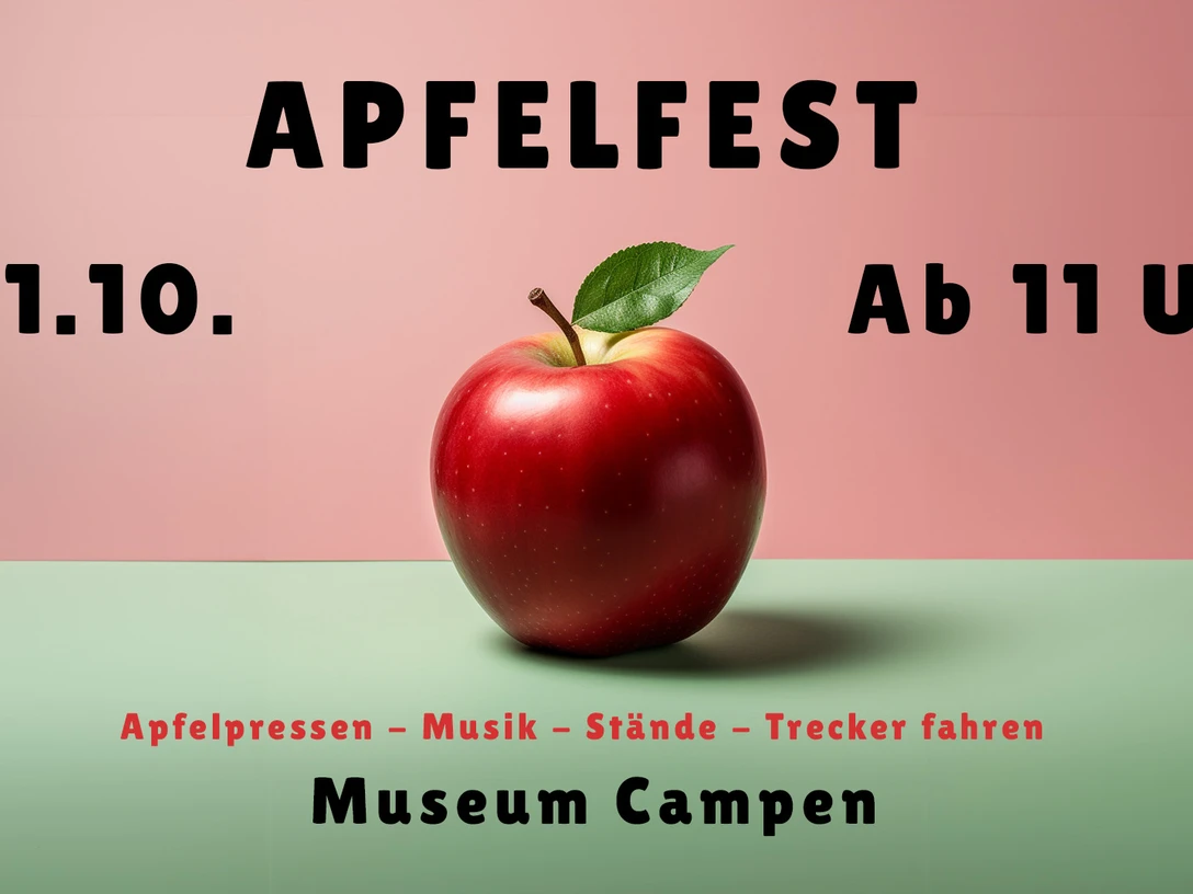 Apfelfest Grafik mit rotem Apfel und Text zum Apfelfest im Museum Campen mit Datum und Programmhinweisen.