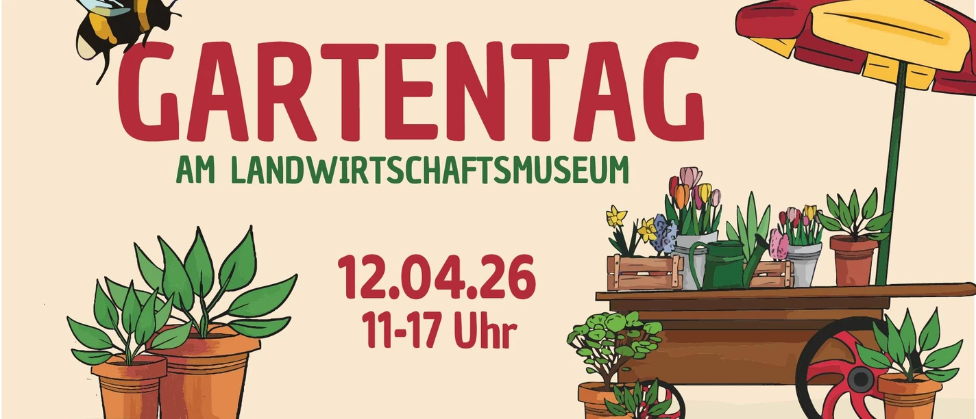 Gartentag Illustration mit Pflanzen, Blumentöpfen, Gießkanne und Marktstand unter Sonnenschirm zum Gartentag