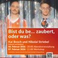 Poster Plakat mit zwei Personen hinter glitzernden Vorhängen und Infos zu einer ZaubershowPoster with two people behind glittering curtains and information about a magic show